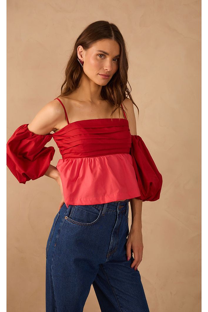 Blusa Algodão Bicolor Manga Balonê