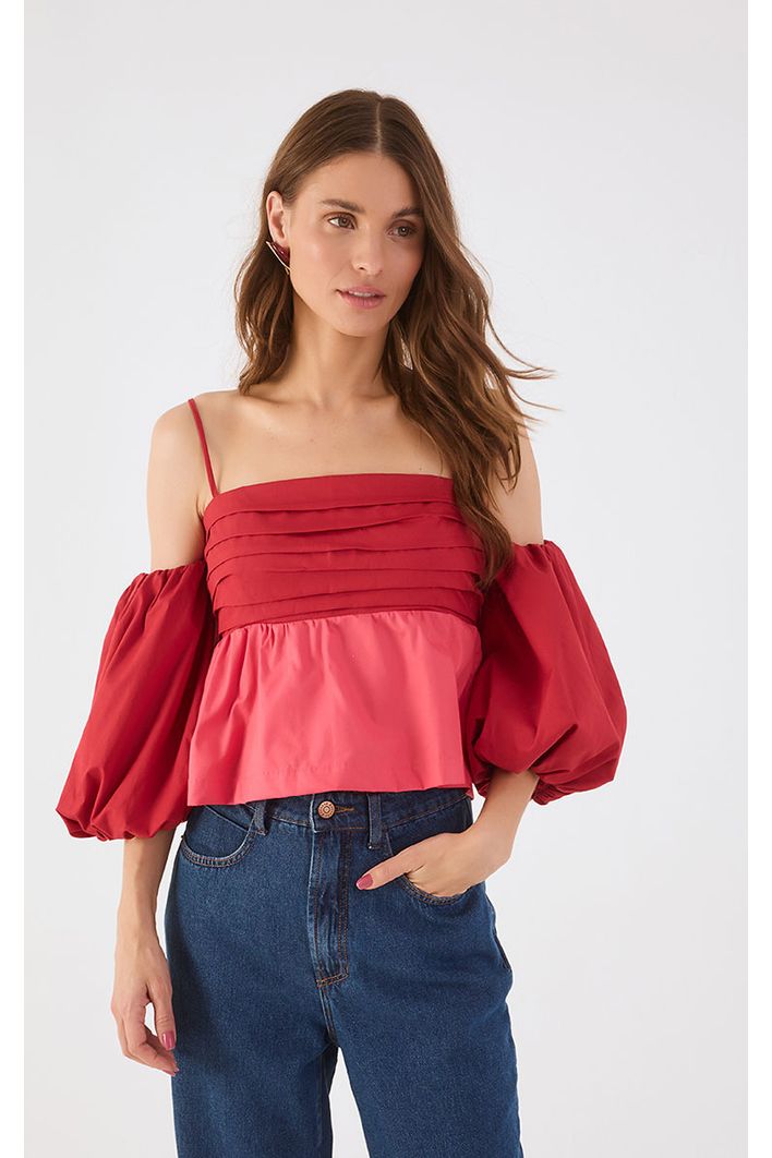 Blusa Algodão Bicolor Manga Balonê
