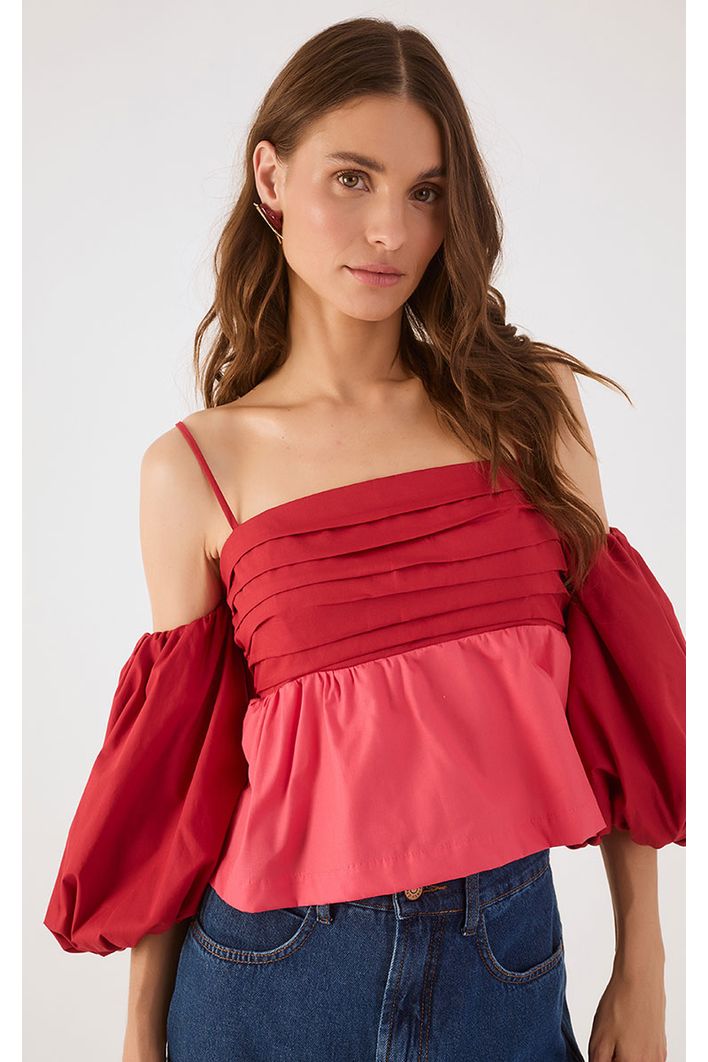 Blusa Algodão Bicolor Manga Balonê