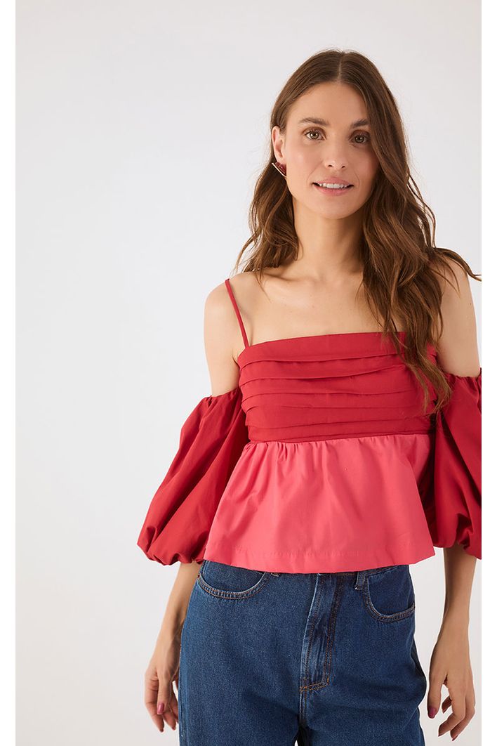 Blusa Algodão Bicolor Manga Balonê