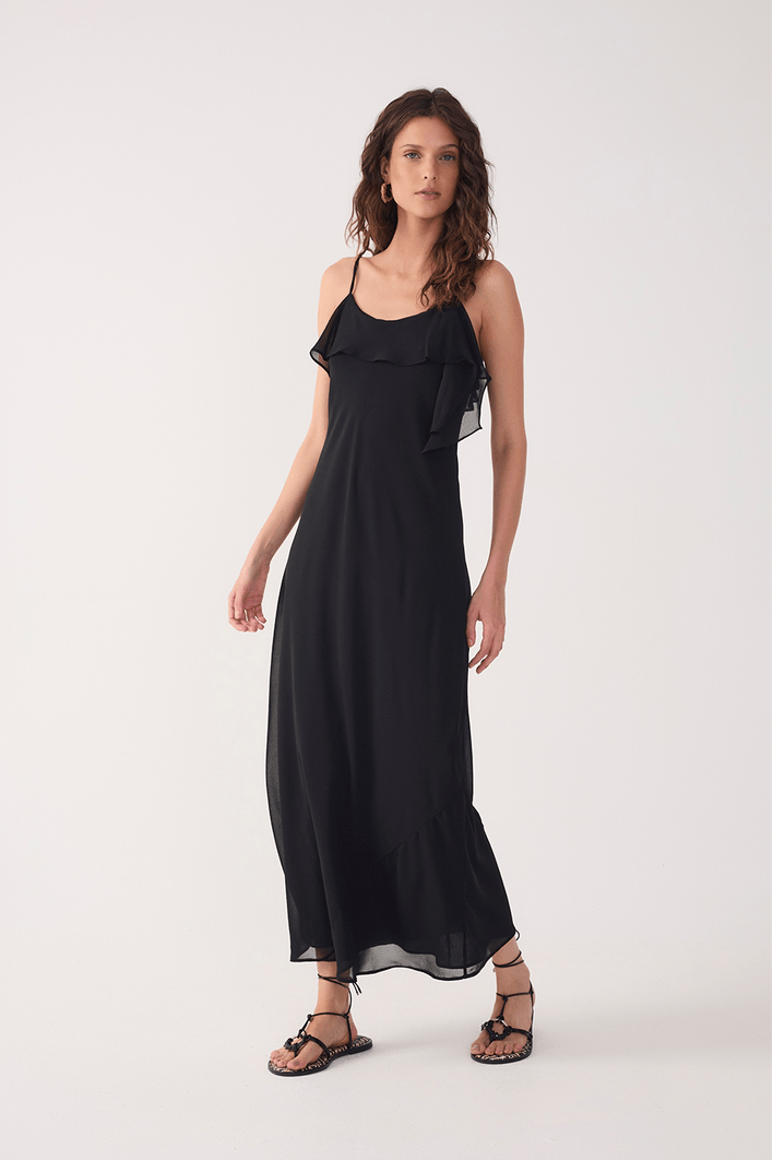 Vestido Cropped Crepe Decote Babado