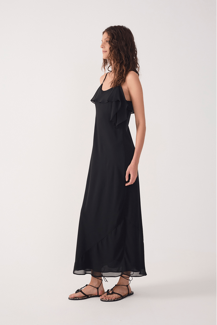 Vestido Cropped Crepe Decote Babado