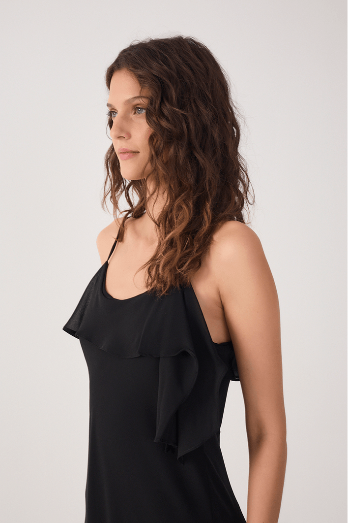 Vestido Cropped Crepe Decote Babado