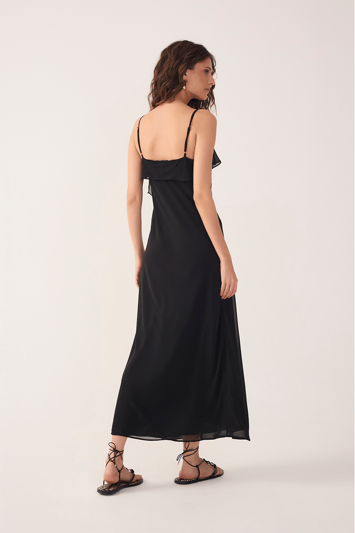 Vestido Cropped Crepe Decote Babado