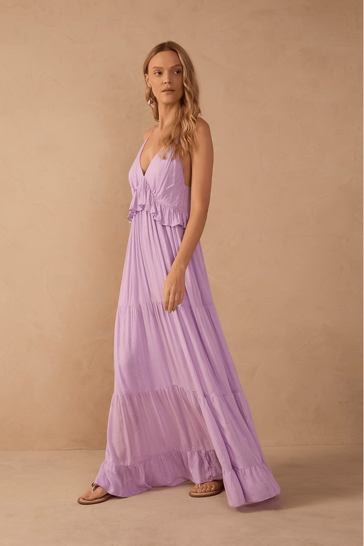 Vestido Longo Lurex Babado Busto