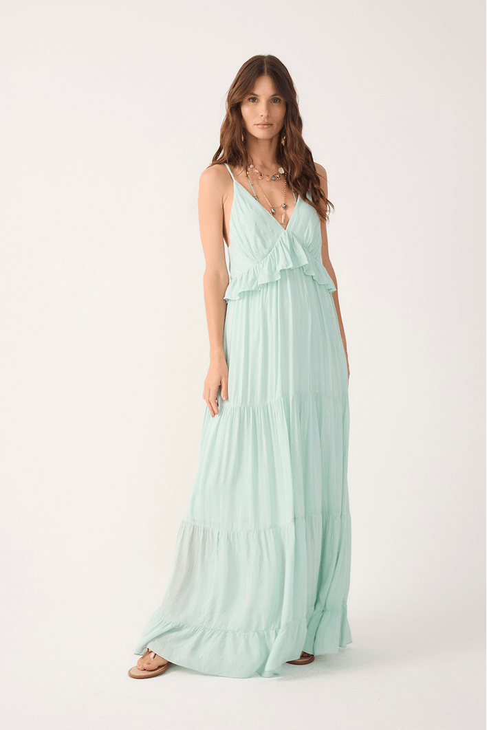 Vestido Longo Lurex Babado Busto