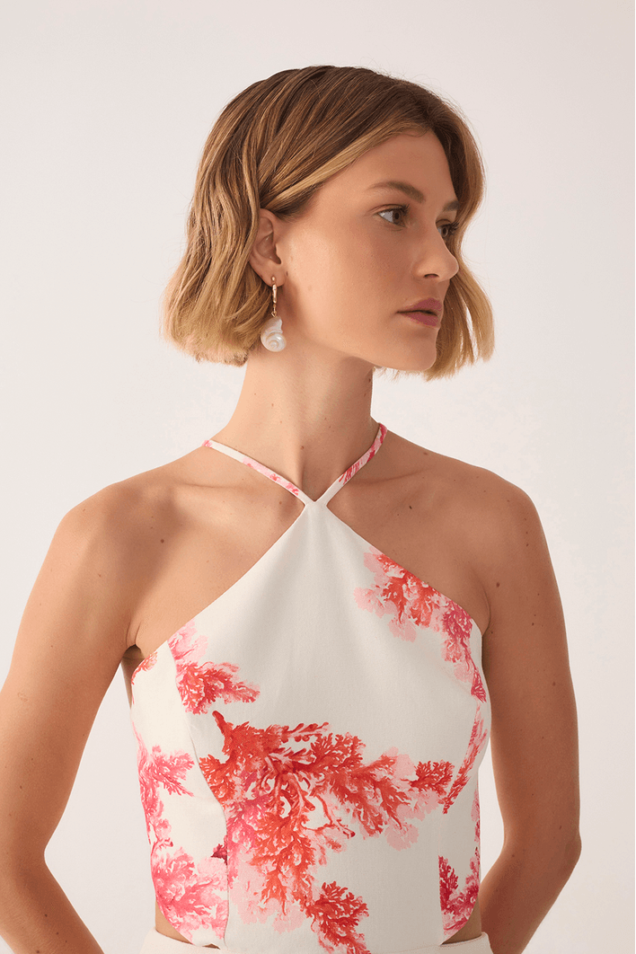 Vestido Linho Estampa Coral