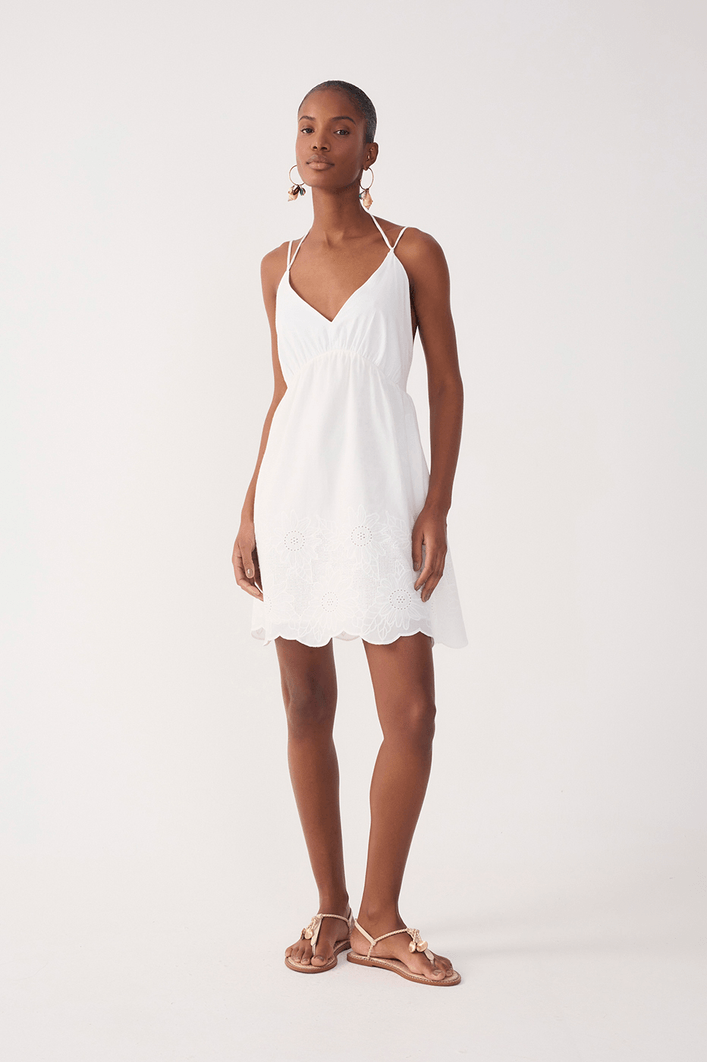 Vestido Curto Algodão Bordado Barrado