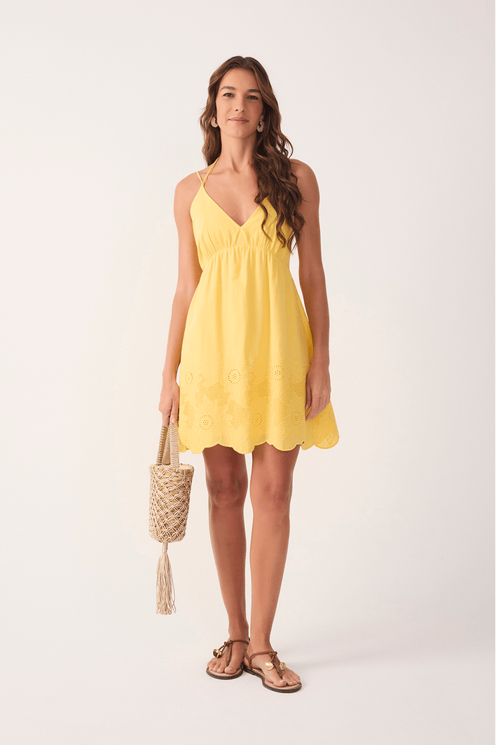 Vestido Curto Algodão Bordado Barrado