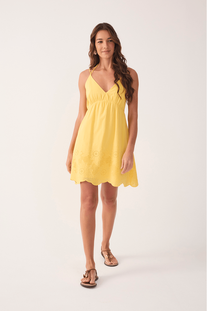 Vestido Curto Algodão Bordado Barrado