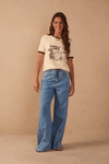 Calça Jeans Costura Deslocada Pespontos