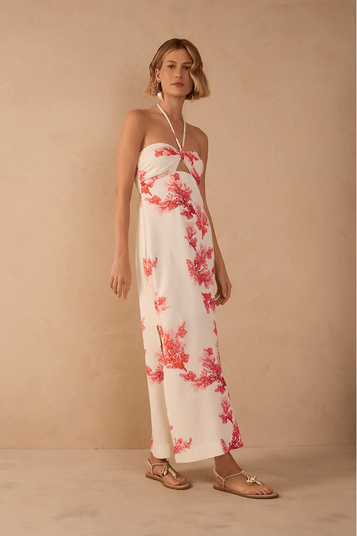 Vestido Cropped Linho Estampa Coral