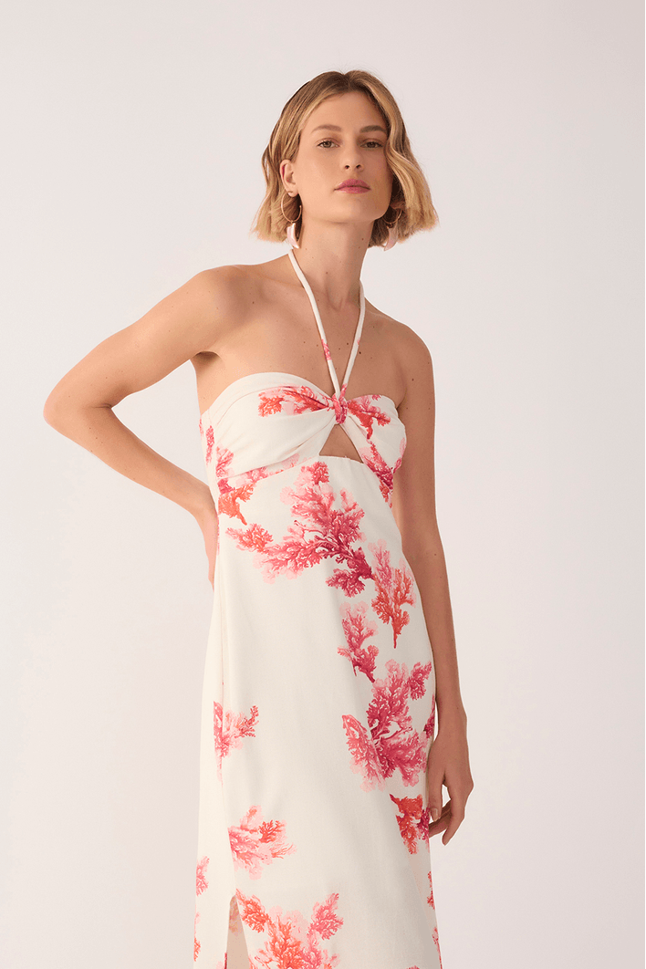 Vestido Cropped Linho Estampa Coral