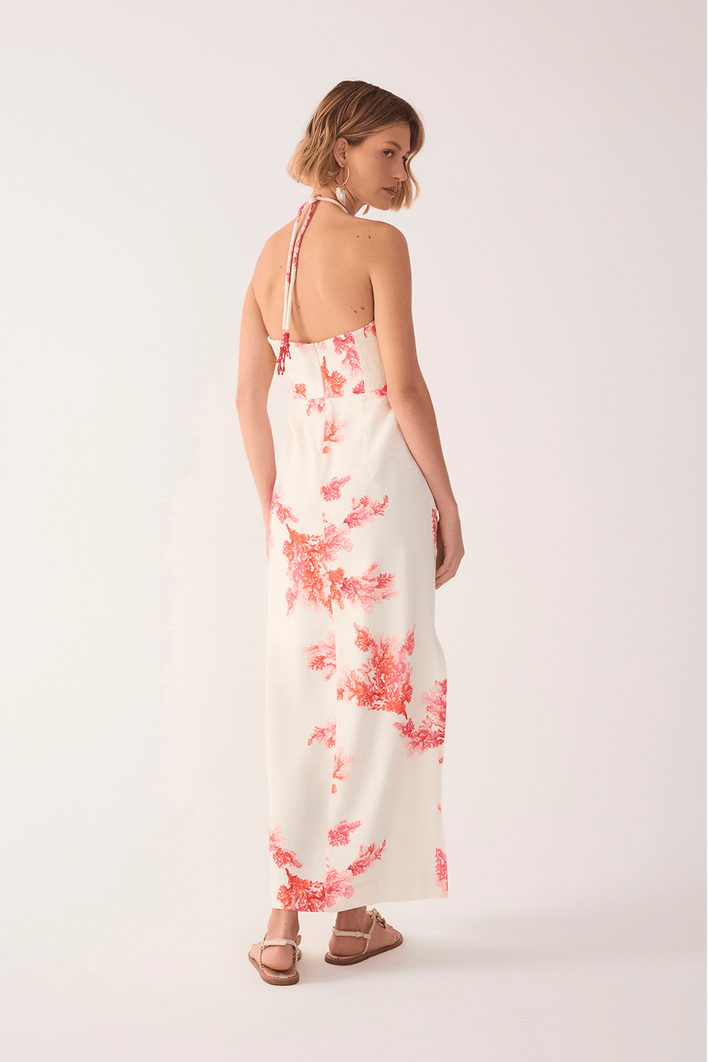 Vestido Cropped Linho Estampa Coral