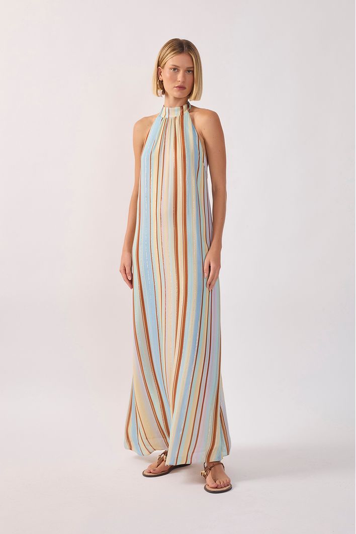 Vestido Longo Lurex Estampa Listra Céu