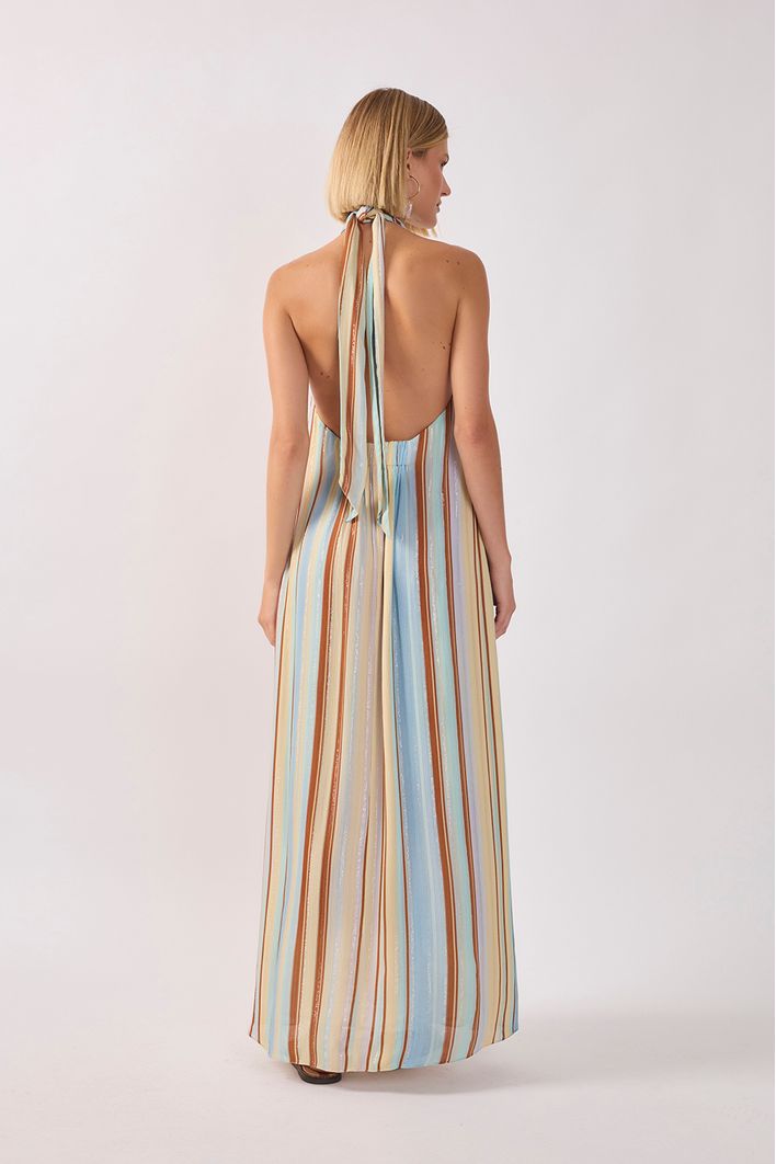 Vestido Longo Lurex Estampa Listra Céu