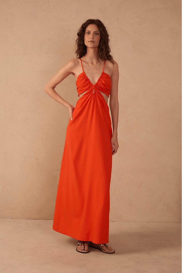 Vestido Longo Linho Busto Franzido