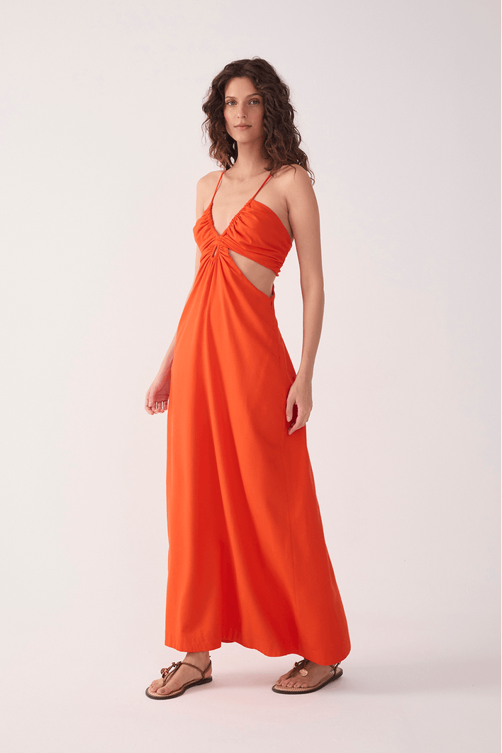 Vestido Longo Linho Busto Franzido