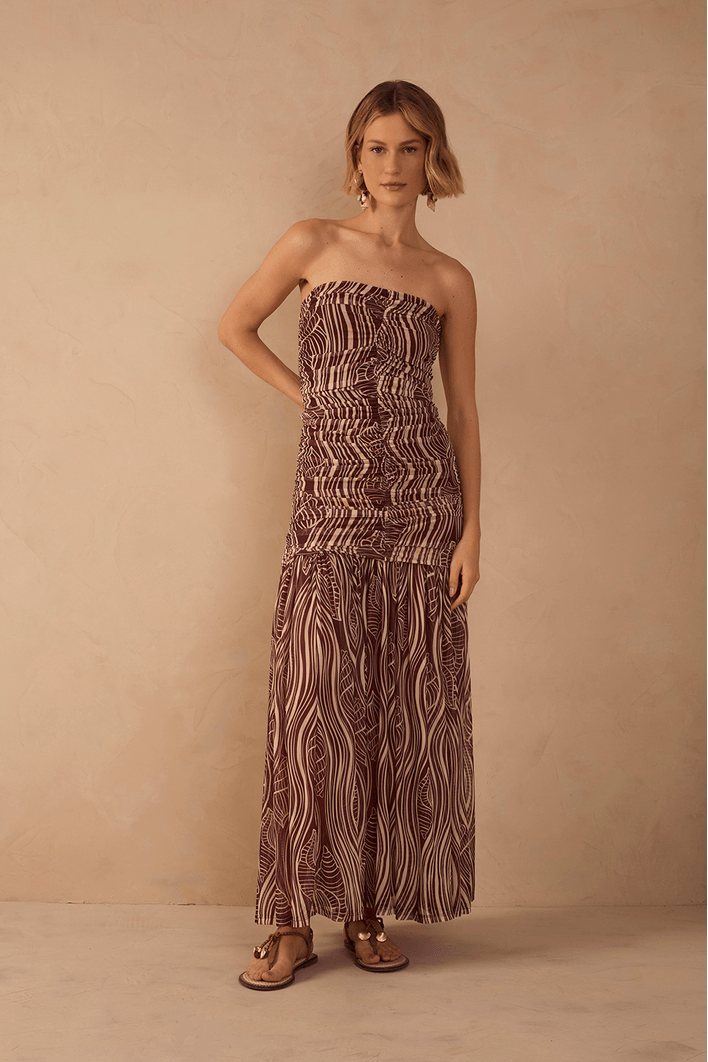 Vestido Franzido Estampa Som do Mar