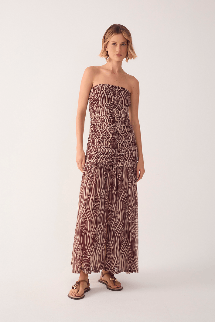 Vestido Franzido Estampa Som do Mar