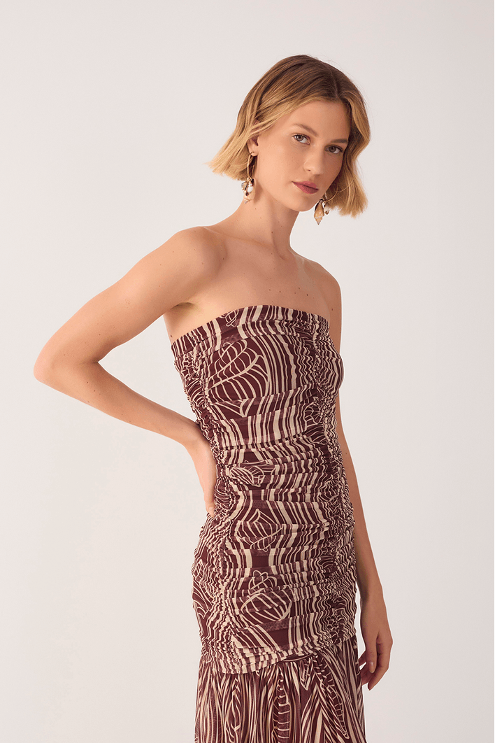 Vestido Franzido Estampa Som do Mar