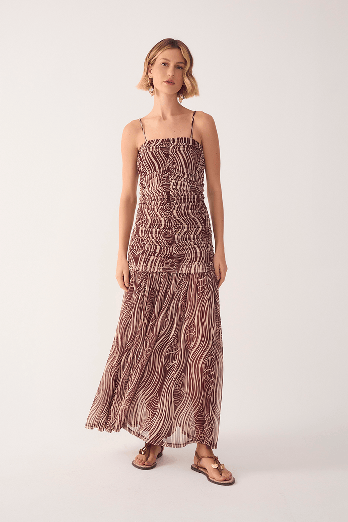 Vestido Franzido Estampa Som do Mar