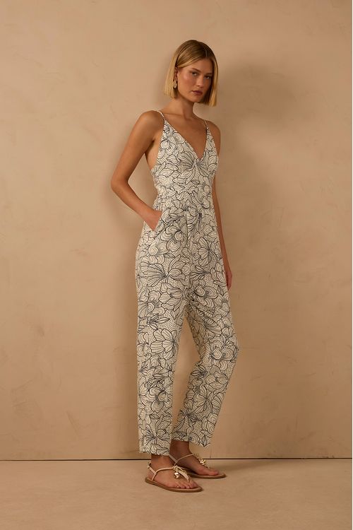 Macacão Linho Estampa Ponto A Ponto