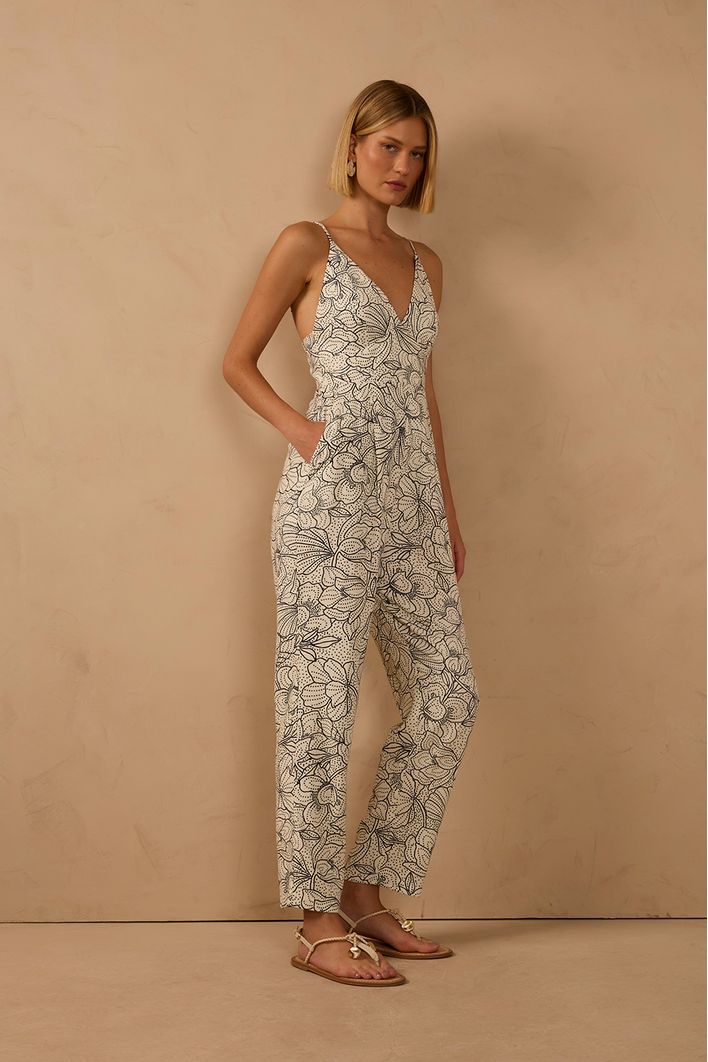 Macacão Linho Estampa Ponto A Ponto