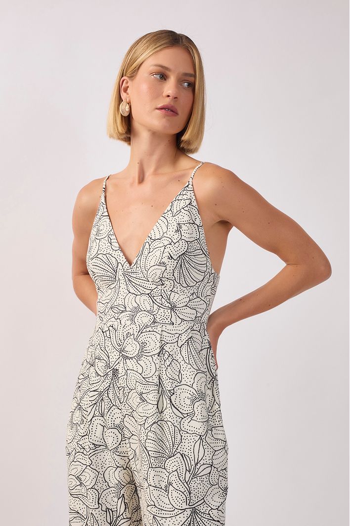 Macacão Linho Estampa Ponto A Ponto