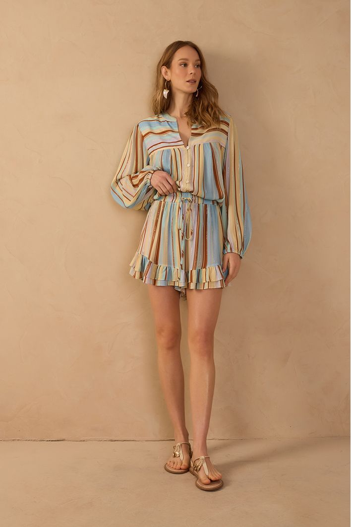 Short Lurex Estampa Listra Céu