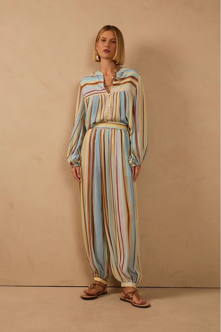 Calça Aladim Lurex Estampa Listra Céu