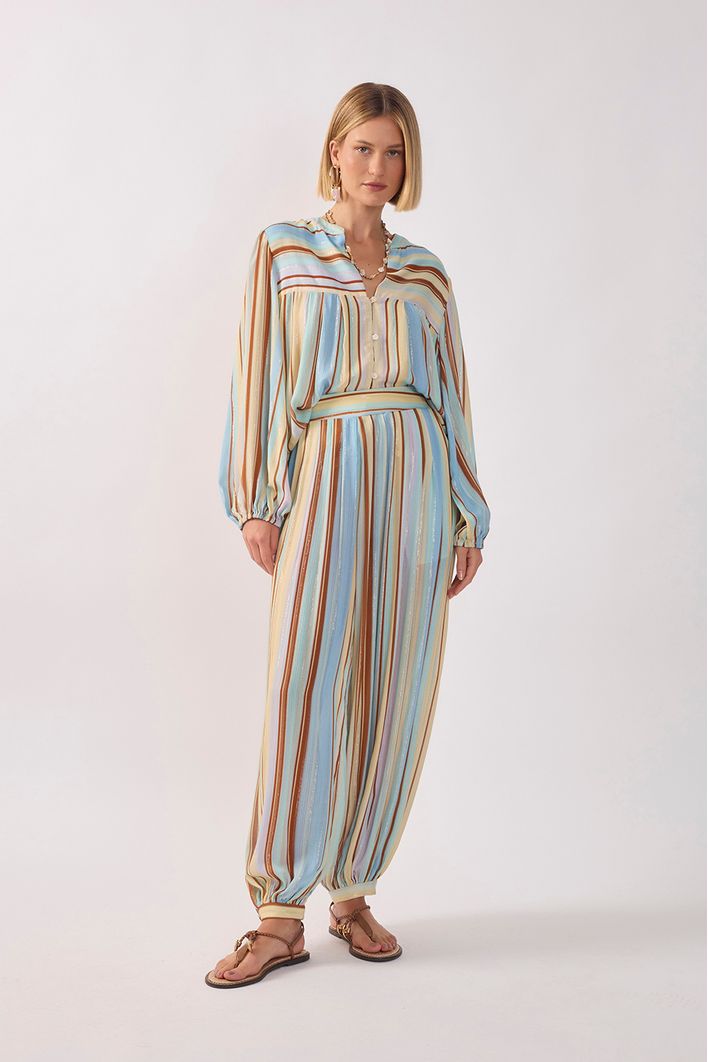 Calça Aladim Lurex Estampa Listra Céu