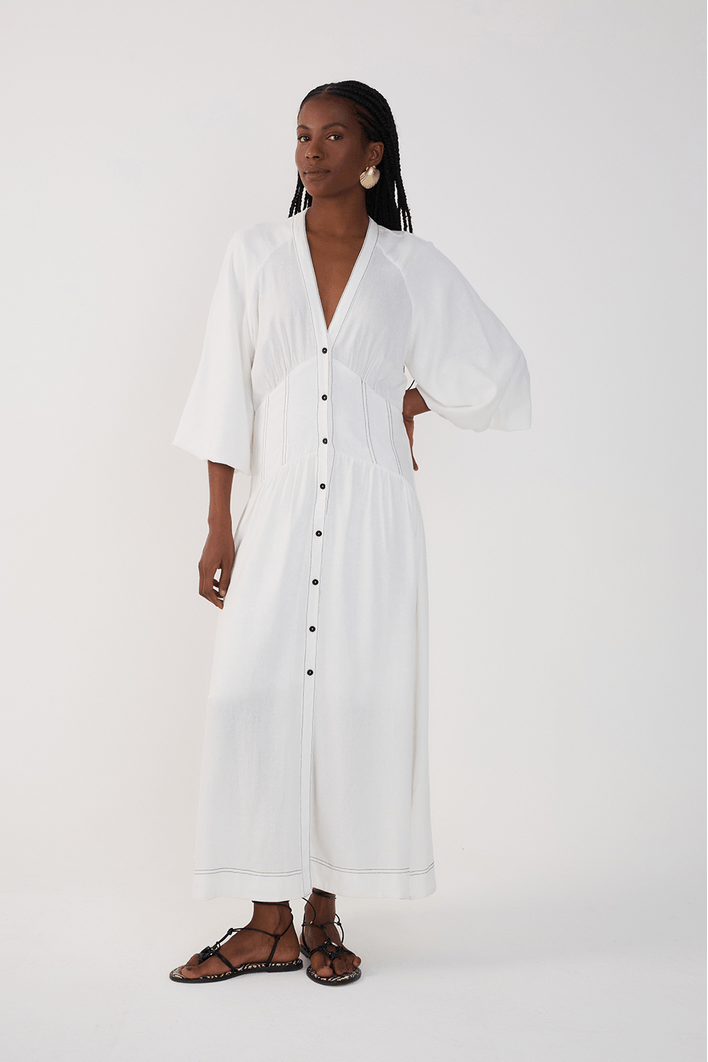 Vestido Midi Linho Recortes Cintura