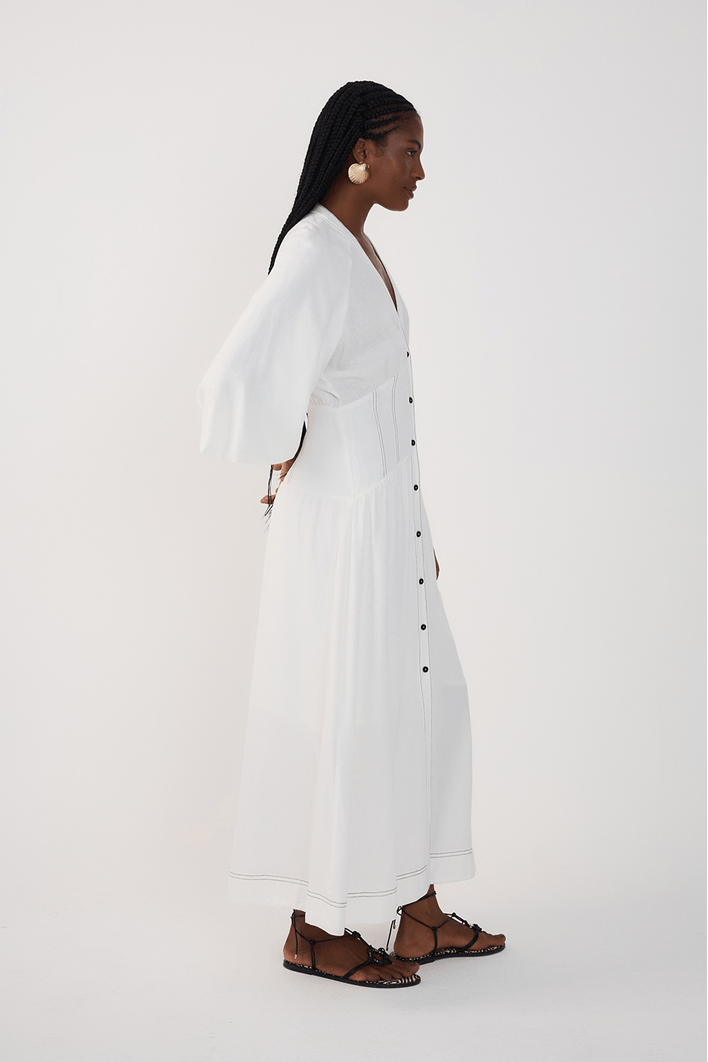 Vestido Midi Linho Recortes Cintura