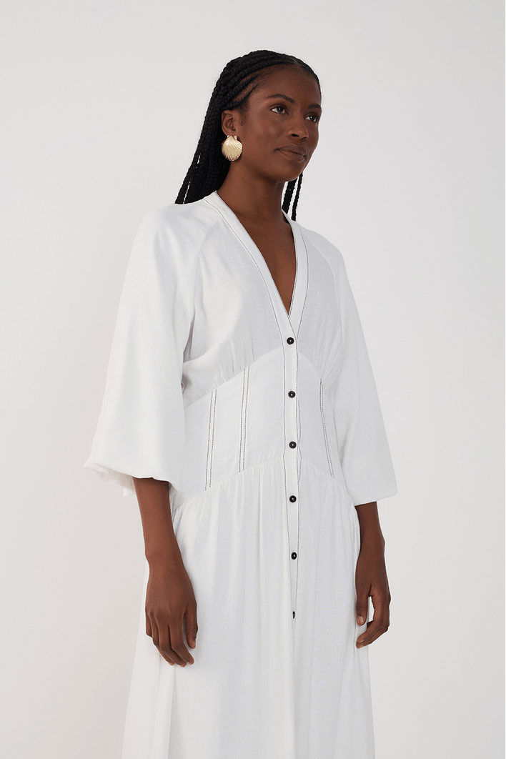 Vestido Midi Linho Recortes Cintura