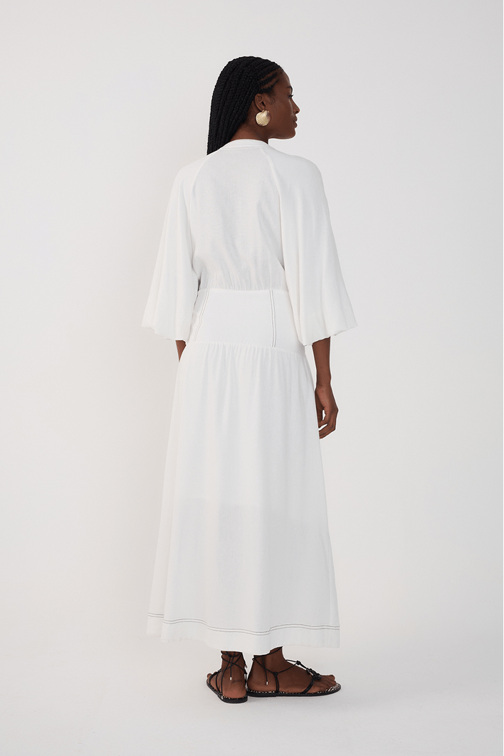 Vestido Midi Linho Recortes Cintura