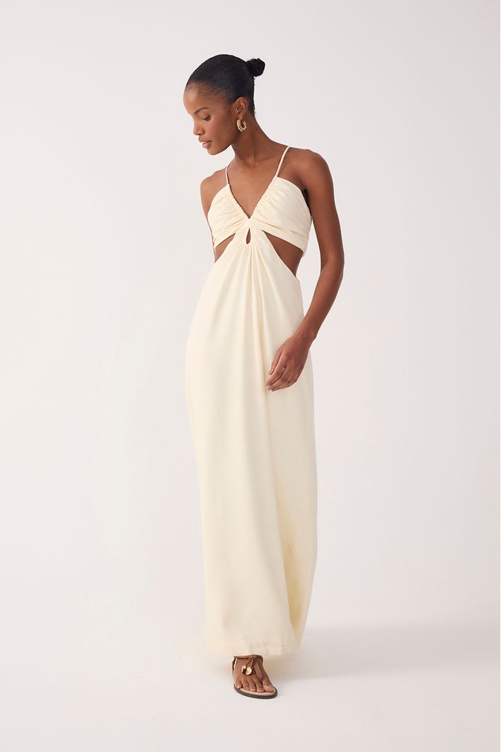 Vestido Longo Linho Busto Franzido