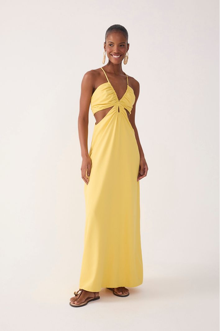 Vestido Longo Linho Busto Franzido