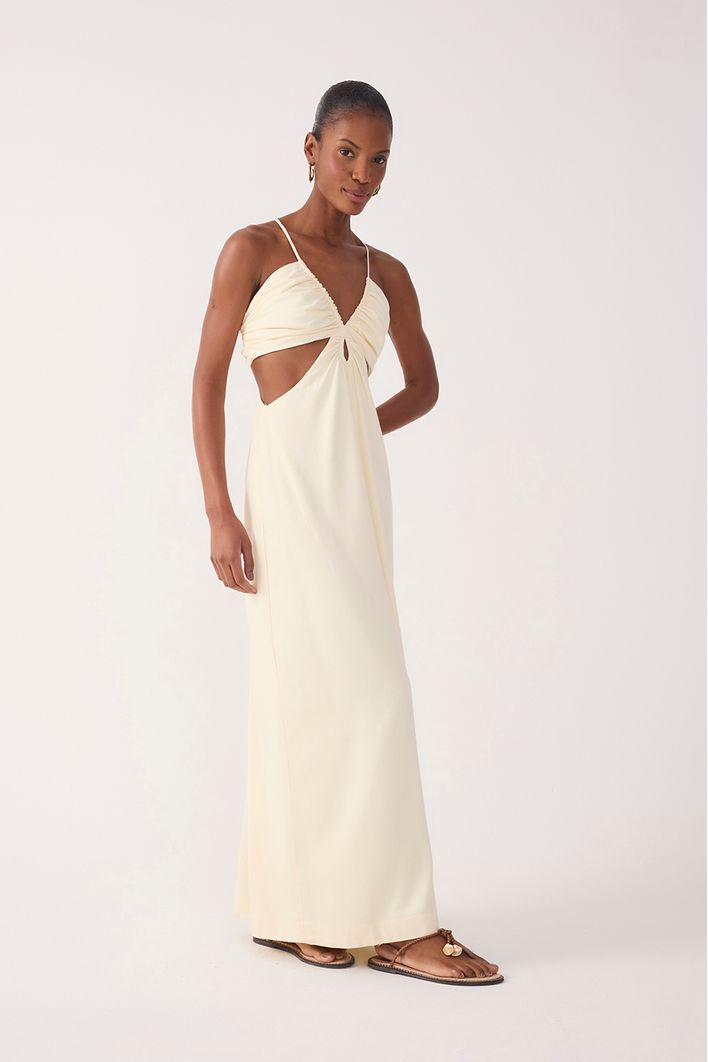 Vestido Longo Linho Busto Franzido
