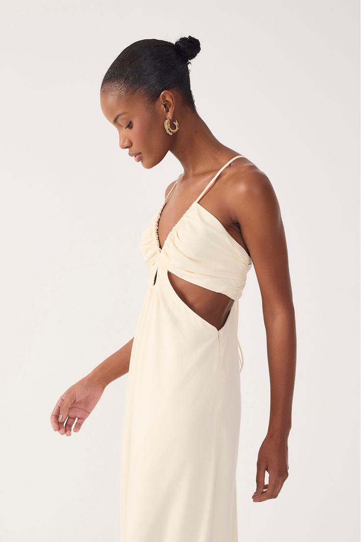Vestido Longo Linho Busto Franzido