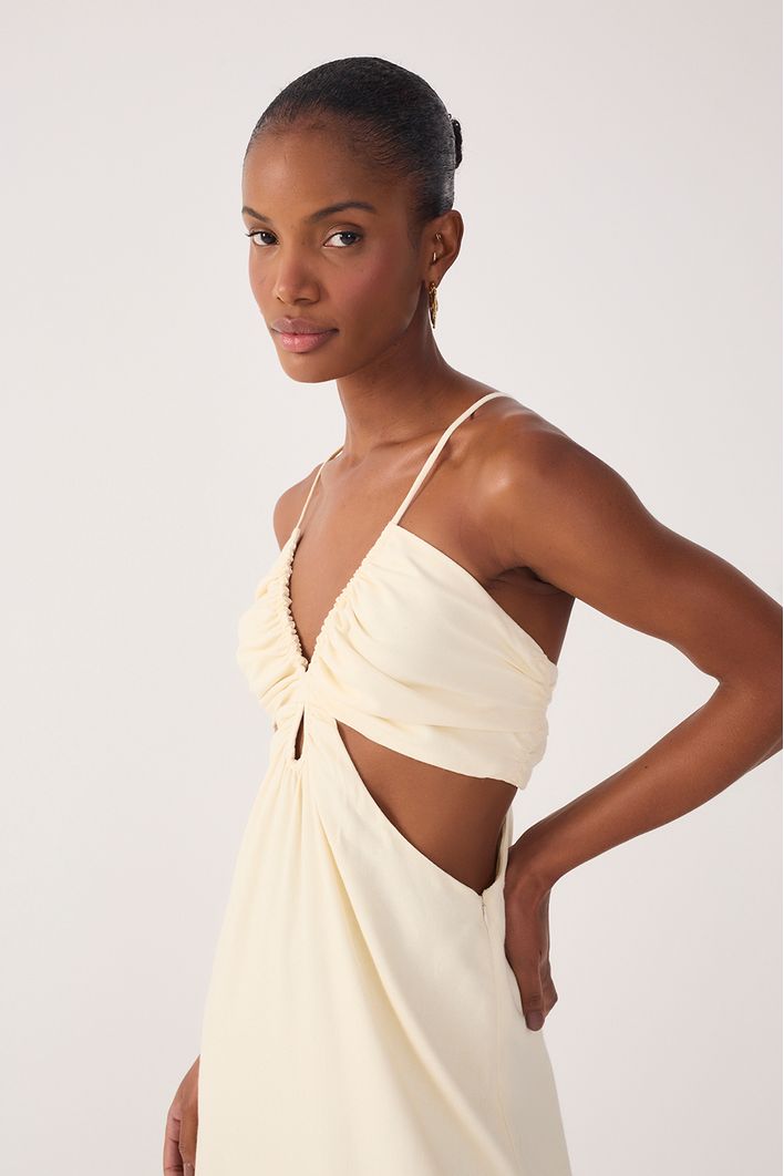 Vestido Longo Linho Busto Franzido