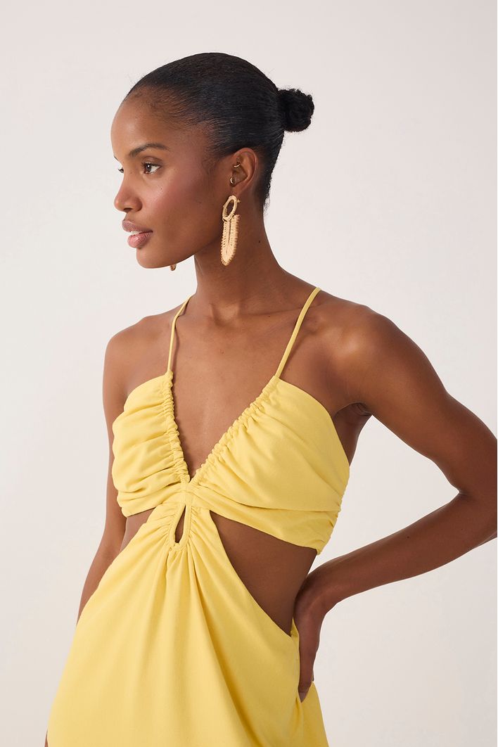 Vestido Longo Linho Busto Franzido