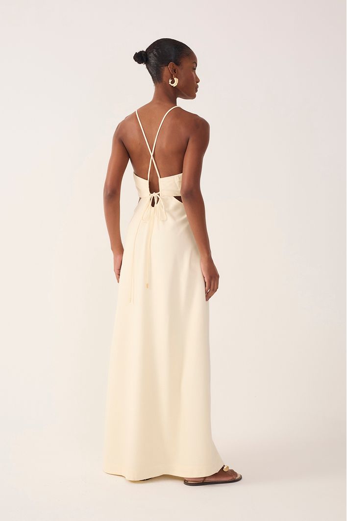 Vestido Longo Linho Busto Franzido
