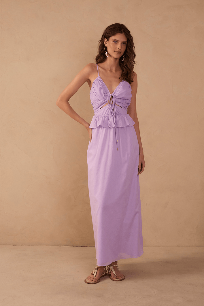 Vestido Longo Algodão Babado Cintura