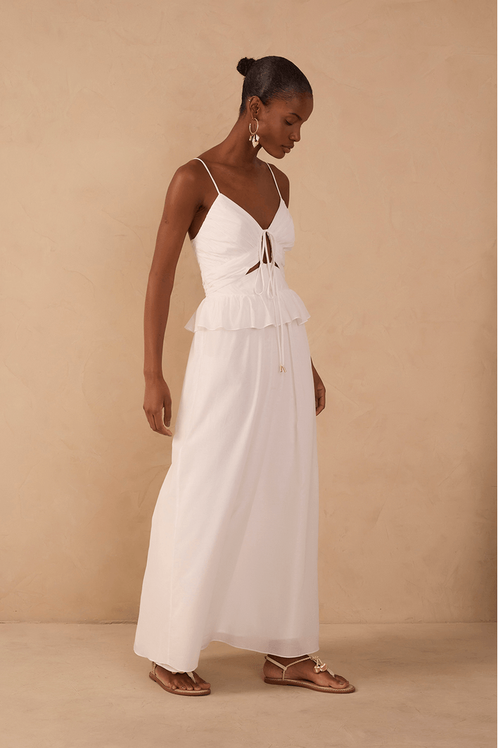 Vestido Longo Algodão Babado Cintura