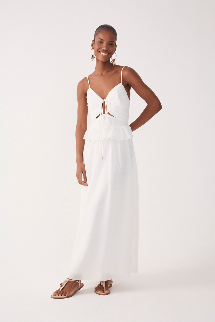 Vestido Longo Algodão Babado Cintura