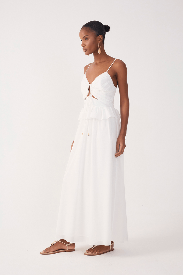 Vestido Longo Algodão Babado Cintura