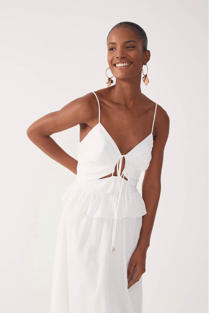 Vestido Longo Algodão Babado Cintura