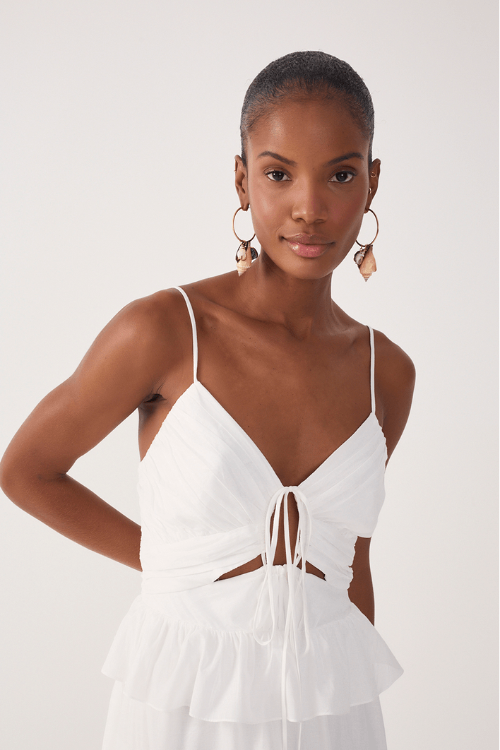 Vestido Longo Algodão Babado Cintura