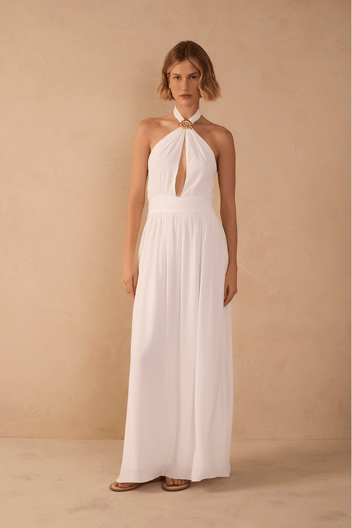 Vestido Longo Crepe Detalhe Concha